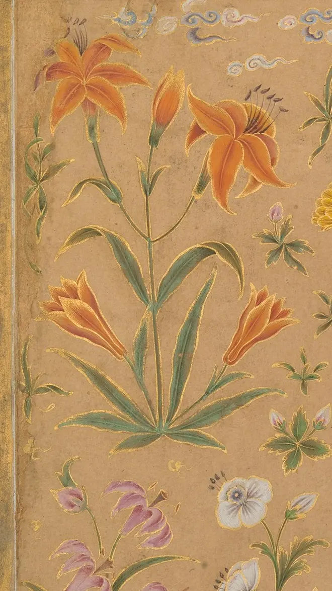 A detail from the painted border of a Mughal album page: orange lilies, a purple iris and small white flowers, each outlined in fine gold on a warm ochre ground.